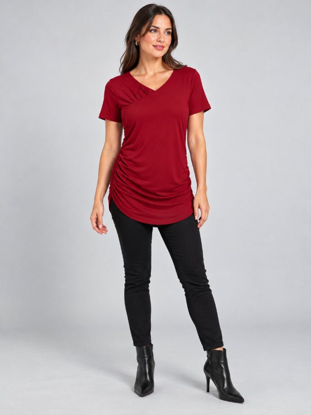2/$30 Small Women’s Cranberry Red Ruched Tunic Top V-Neck Short Sleeve Pleated